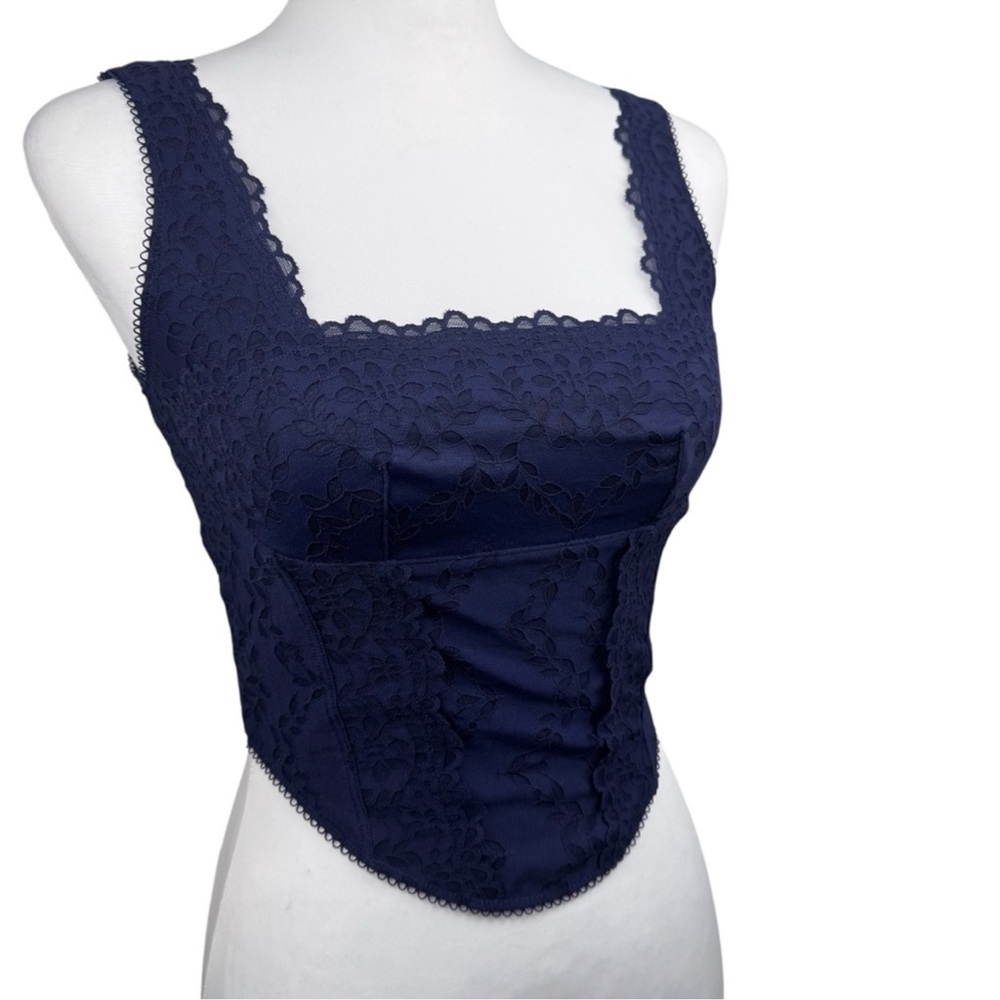 NWT PiNK Victoria’s Secret The Cinched Corset Navy Blue Lace Bralette Tank Top M